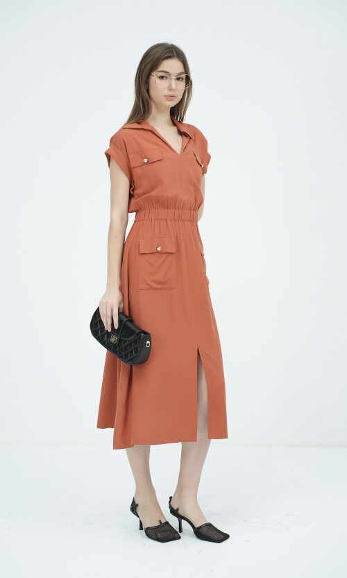 SIXDO G-Ochre Woven Flared Dress for Women